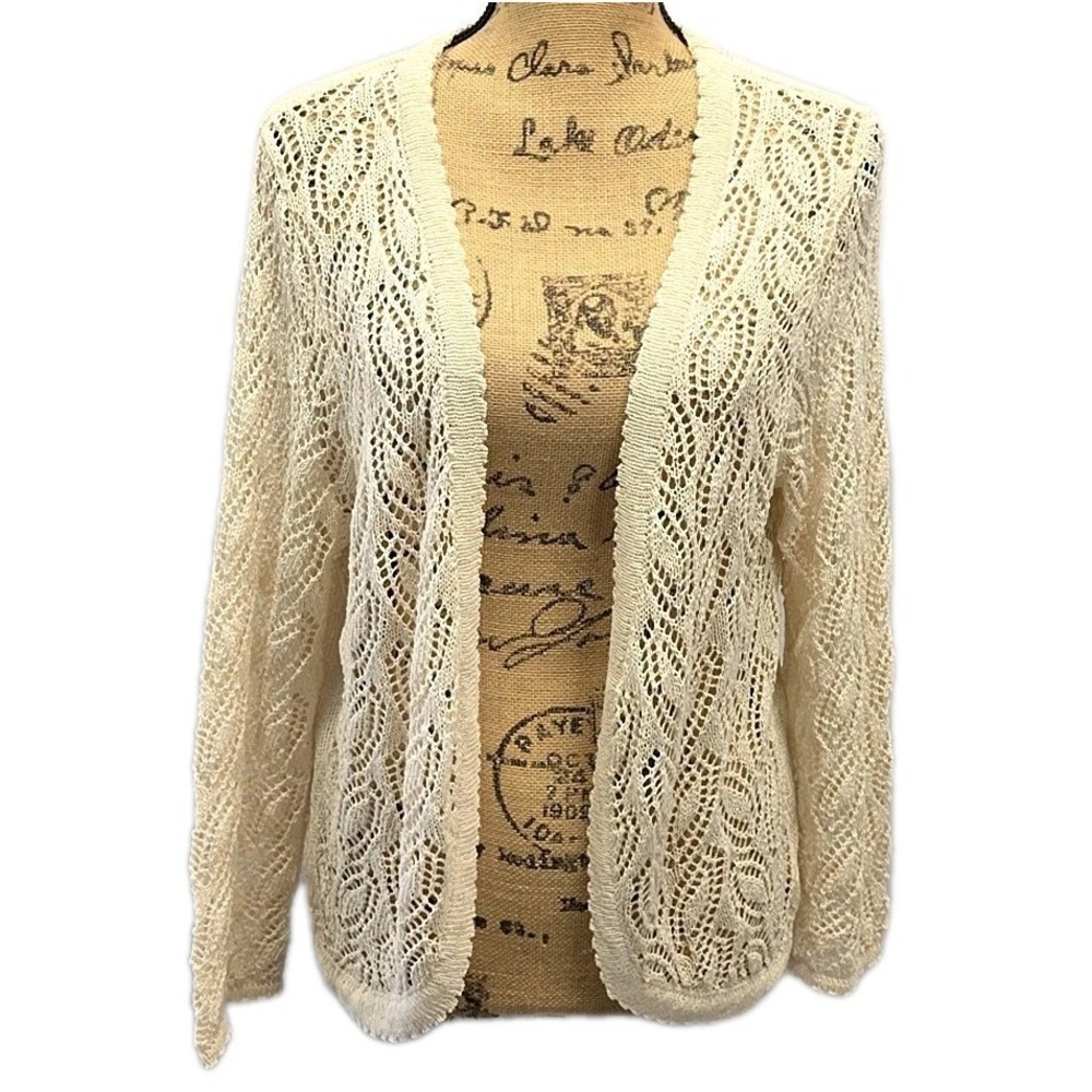 Reba Cream Open Knit Crochet Cardigan Lightweight Layering sz XL Boho Festival